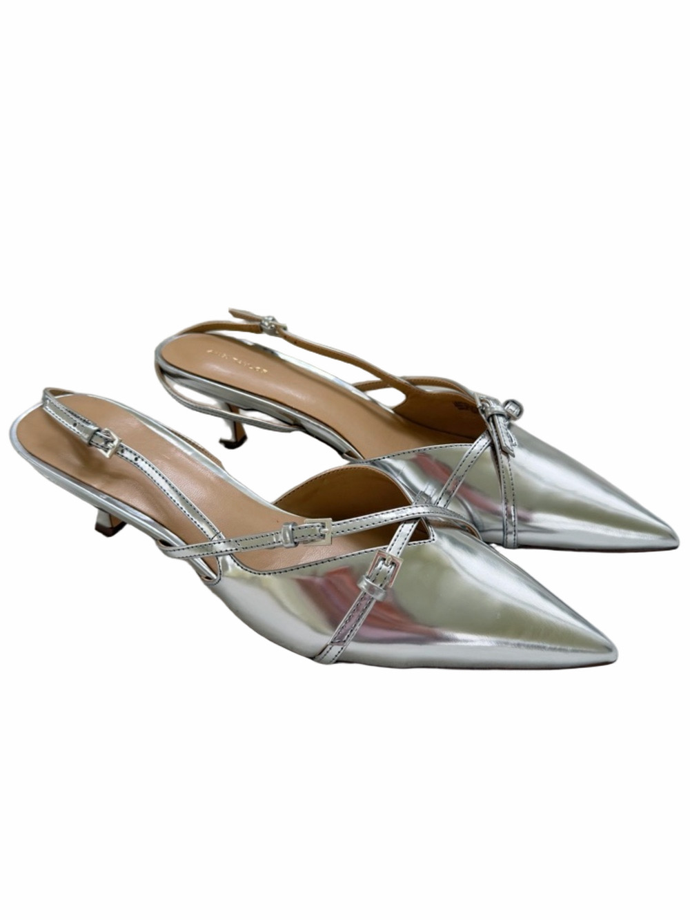 Ann Taylor Strappy Pointy Toe Leather Silver Metallic Kitten Heel Pump Sz 10 NEW